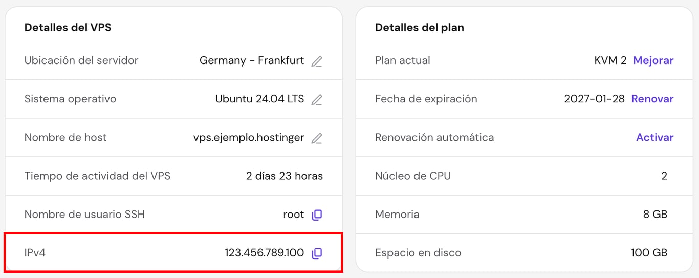La informaci&oacute;n del nombre de usuario de SSH y de IPv4 en la p&aacute;gina de resumen del VPS de hPanel