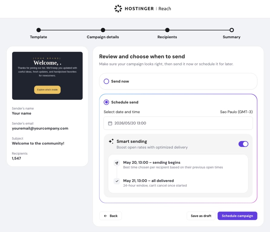 Pantalla de programación de campañas de Hostinger Reach con la función Smart Sending activada. El envío comienza a la hora programada y se completa durante las 24 horas siguientes según el historial de aperturas de cada destinatario