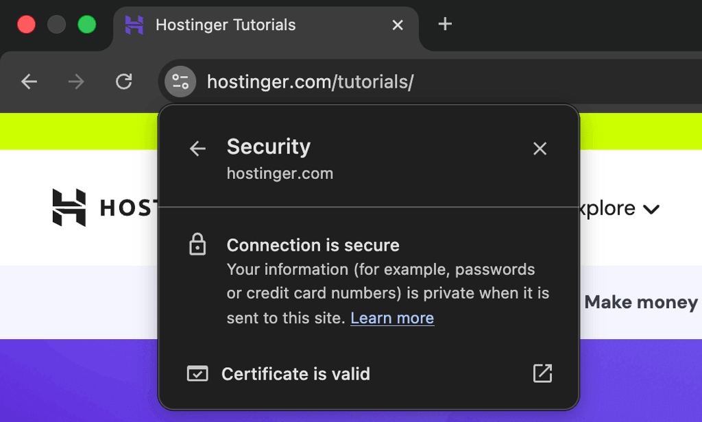 Panel de seguridad del navegador que muestra una conexión HTTPS segura y un certificado válido.