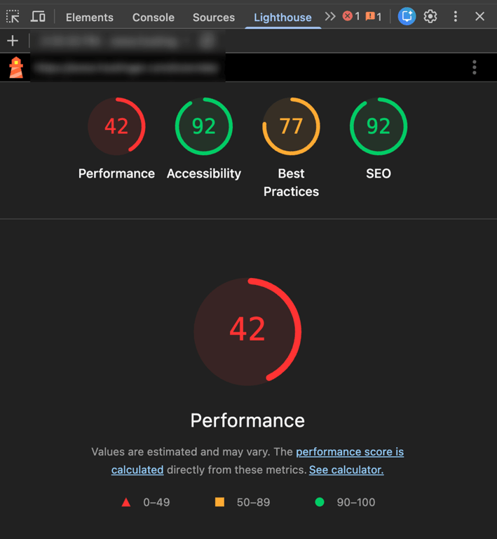Auditoría de Google Lighthouse que muestra las puntuaciones de rendimiento, accesibilidad y SEO.