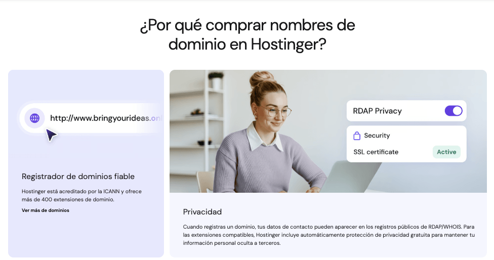 Captura de pantalla de las acreditaciones y las funciones de Hostinger, incluida la acreditación de la ICANN y la asistencia las 24 horas del día.
