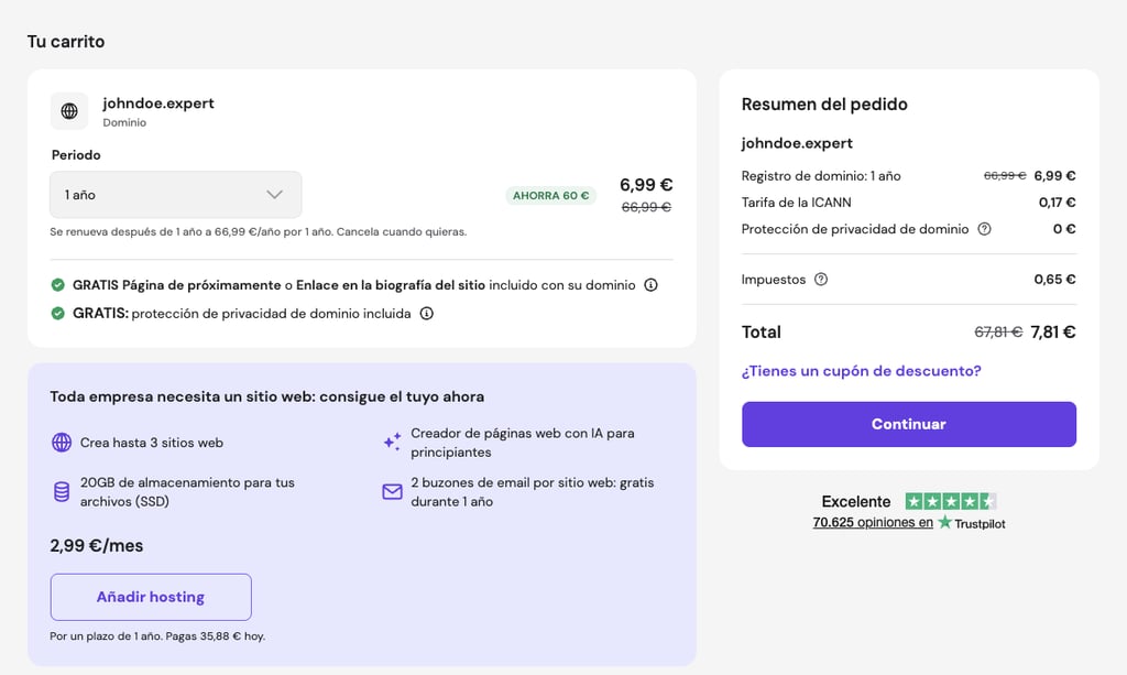 P&aacute;gina del carrito de compra de dominios de Hostinger