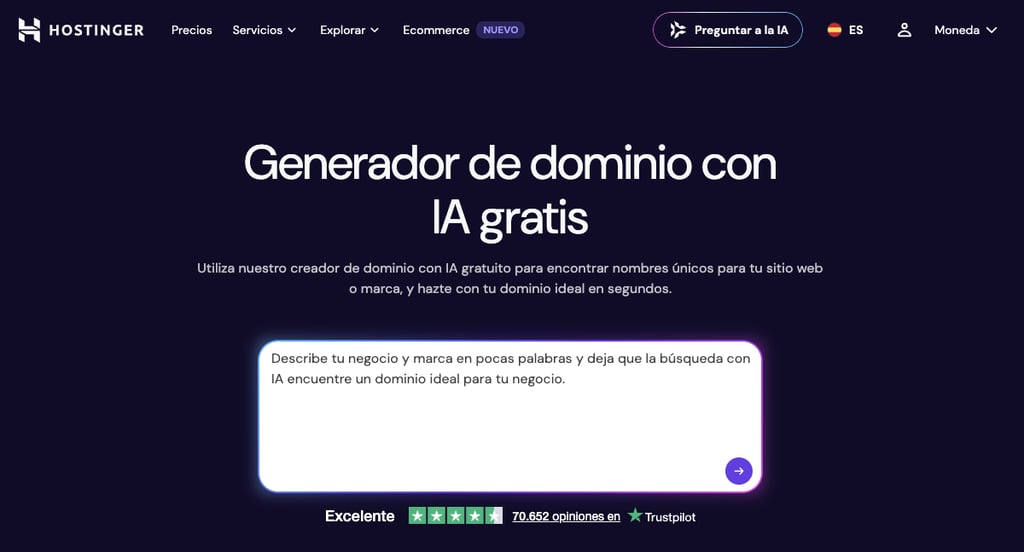 Captura de pantalla del buscador de dominios de Hostinger para encontrar un nombre de dominio adecuado