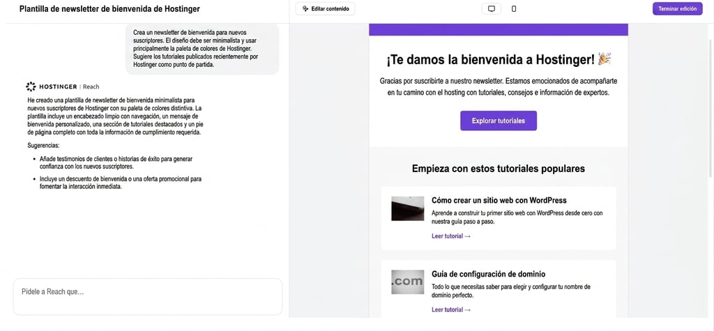 Editor de plantillas de Hostinger Reach