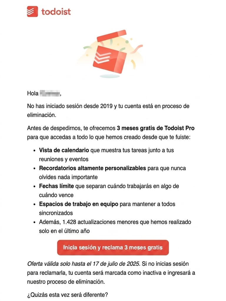 Estrategia de email marketing: Email de reactivación de Todoist