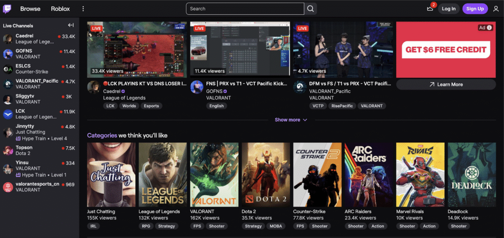 Página de inicio de Twitch