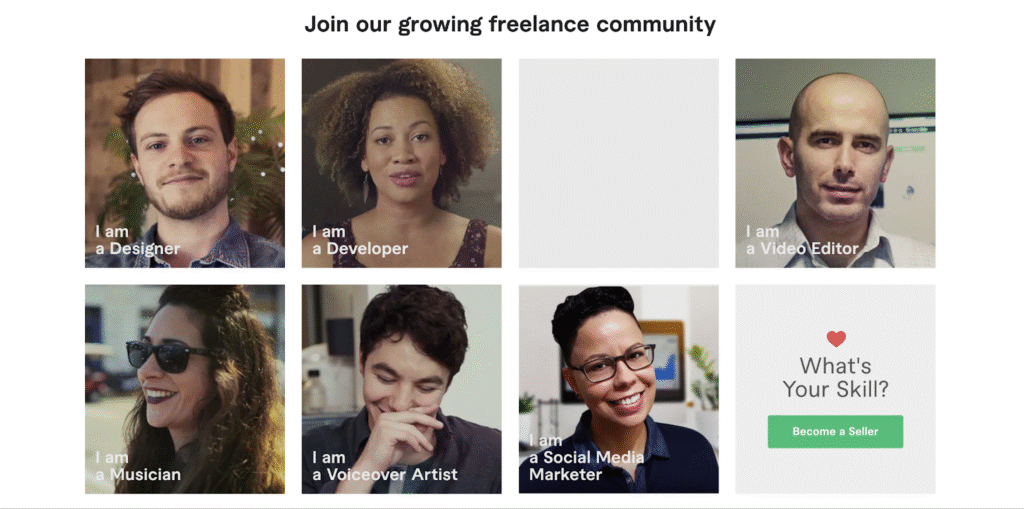 Página de registro de vendedores de Fiverr con información sobre su comunidad freelance