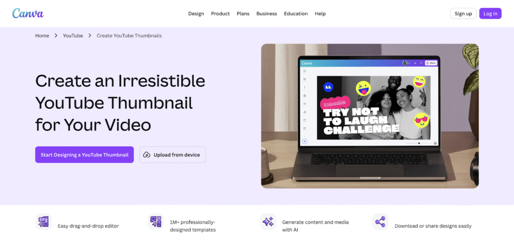 Página de diseño de miniaturas para YouTube en Canva
