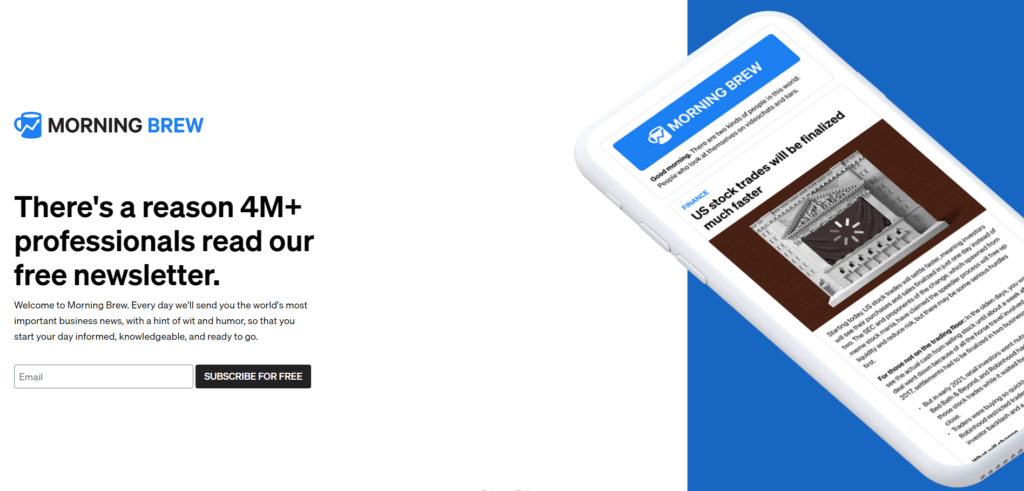 Un smartphone muestra la newsletter de Morning Brew con noticias de negocios y una llamada a la acción para suscribirse gratis.