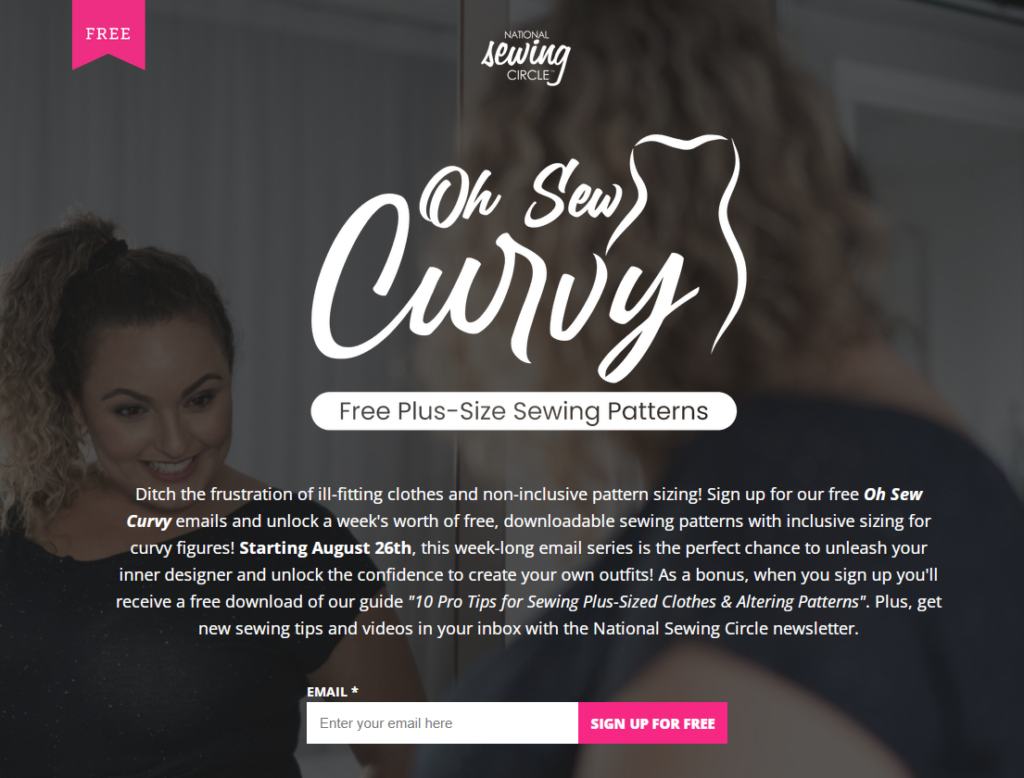 Gráfico promocional de "Oh Sew Curvy" con patrones de costura gratuitos para tallas grandes y consejos para crear conjuntos con estilo.