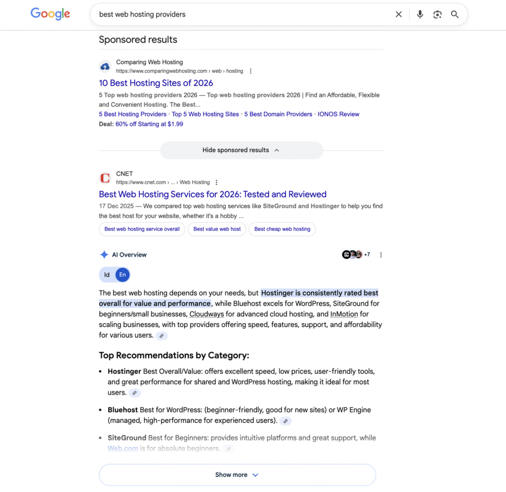 P&aacute;gina de resultados de b&uacute;squeda de Google con anuncios patrocinados, resultados org&aacute;nicos y secciones de "Resumen de IA"