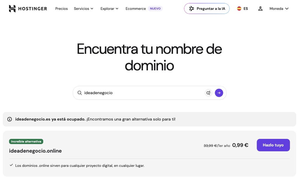 P&aacute;gina de b&uacute;squeda de dominios de Hostinger