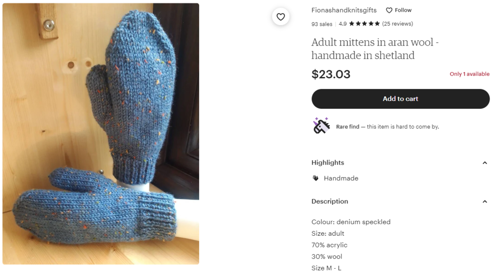 Un ejemplo de manoplas hechas a mano para vender online