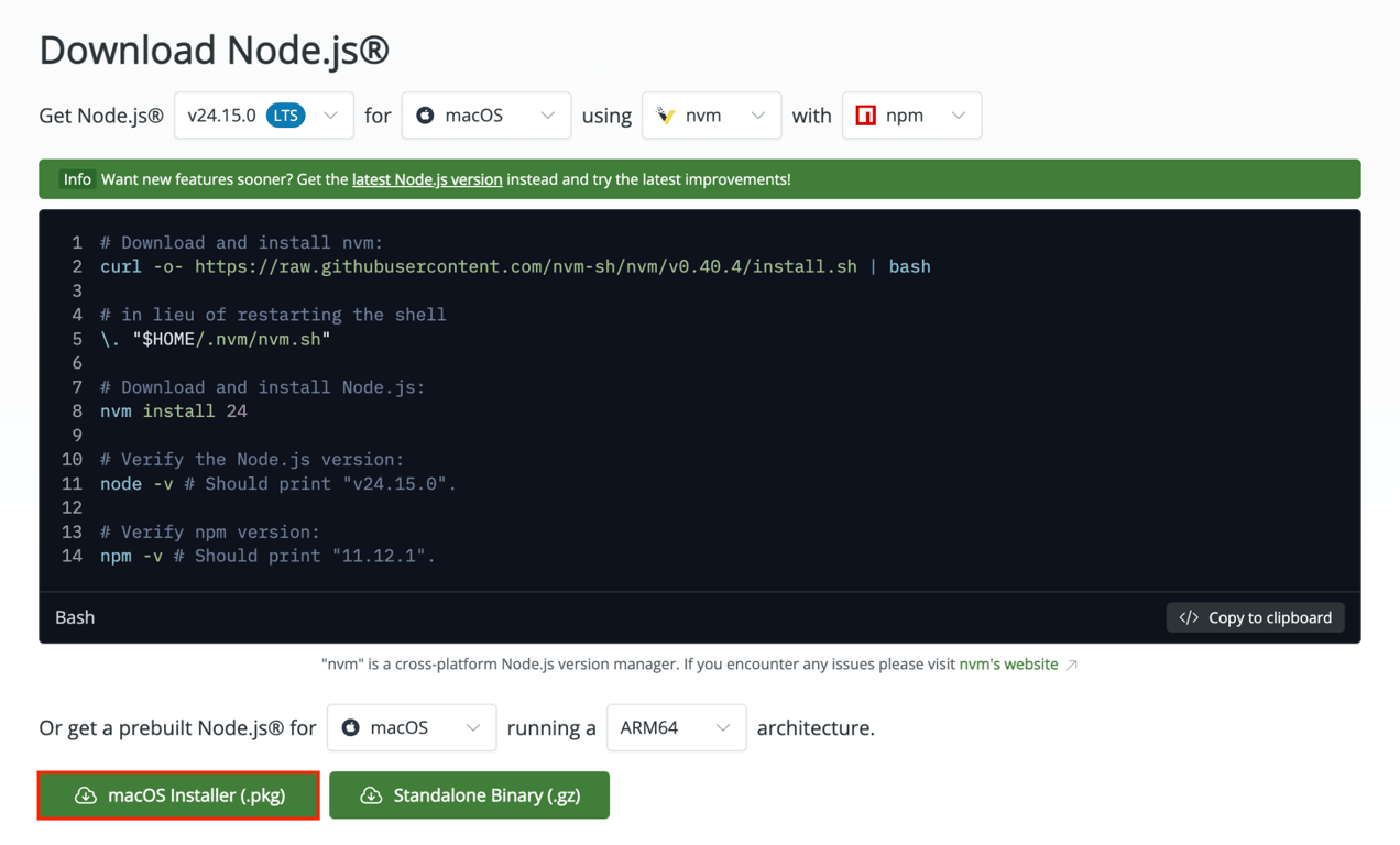 The Node.js download page showing a supported installer for macOS