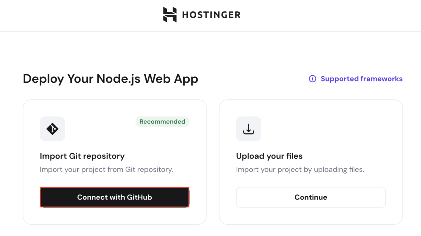 Hostinger's hPanel showing options to deploy a Node.js web app: Import Git repository or upload the compressed files