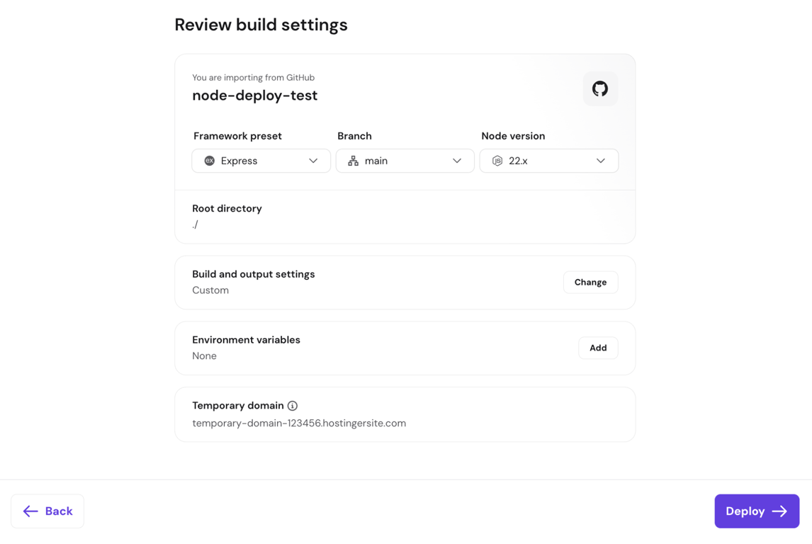 Hostinger's hPanel showing the auto-detected build settings for the Node.js web app