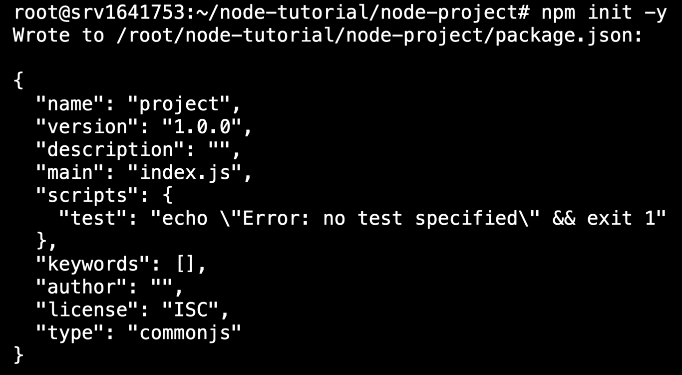 The terminal showing the npm init y- command's output