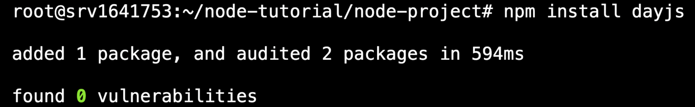 The terminal showing the npm install dayjs command's output