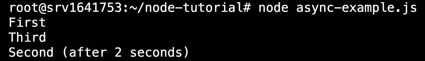 The terminal showing the node async-example.js command's output