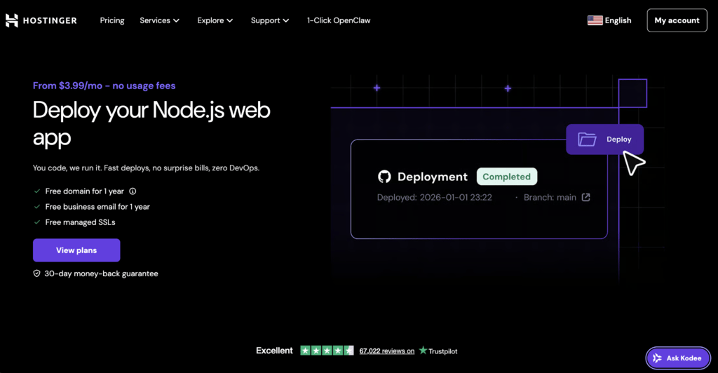 Hostinger Node.js web app landing page