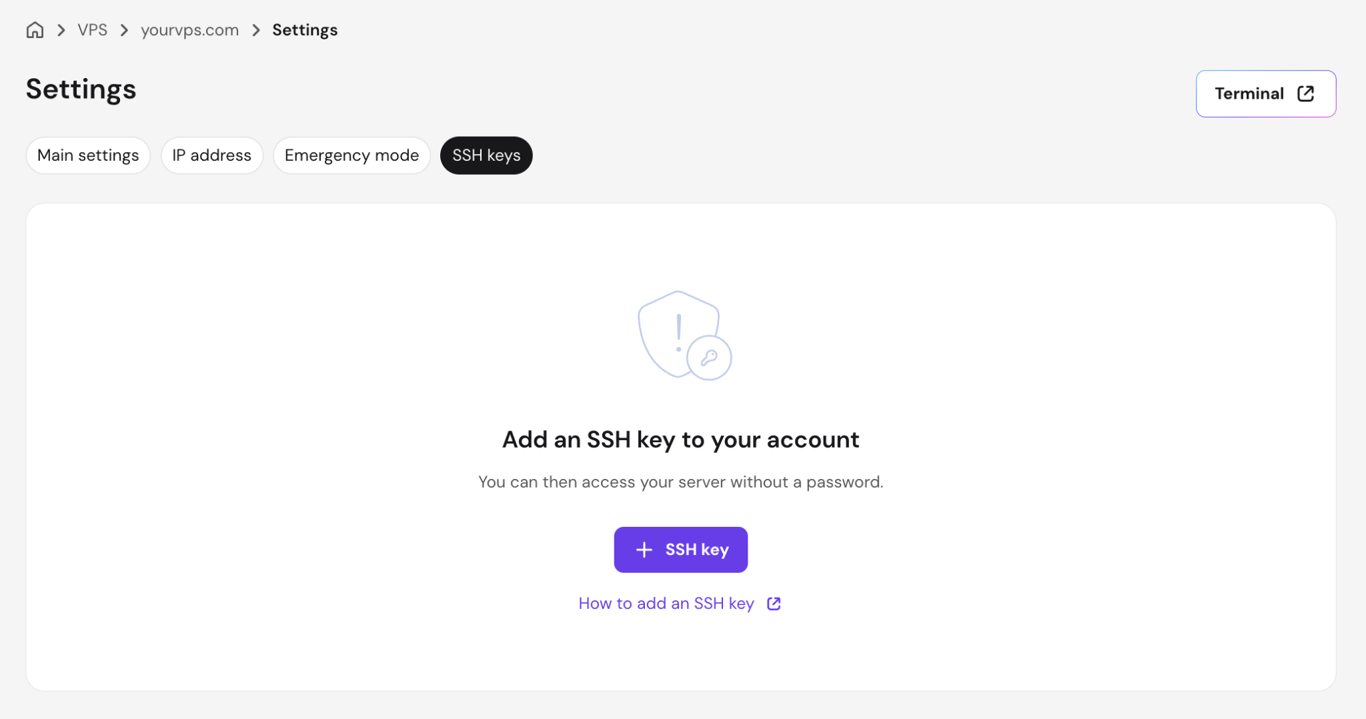 The SSH keys tab under VPS Settings in hPanel, showing the option to add an SSH key to the account.