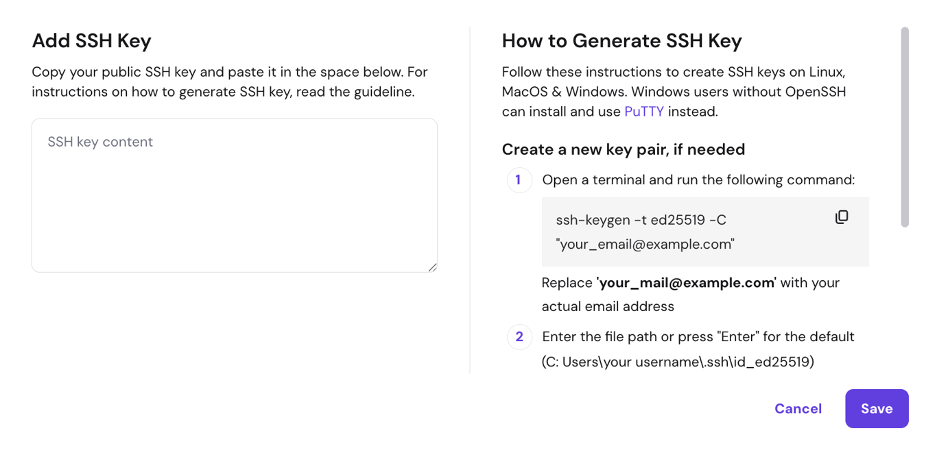 The Add SSH Key form in hPanel showing the SSH key content field where users paste their public key.