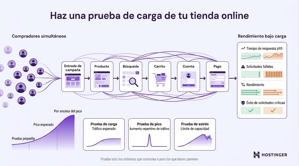 Flujo de pruebas de carga para ecommerce con usuarios simult&aacute;neos, tipos de prueba y m&eacute;tricas de rendimiento.