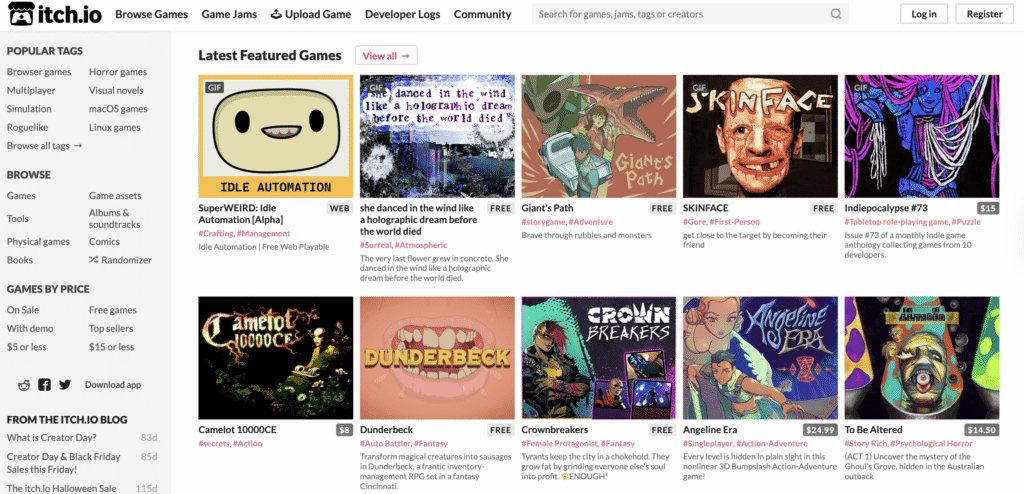 Captura de pantalla de la web de Itch.io con juegos indie de varios géneros y descripciones.