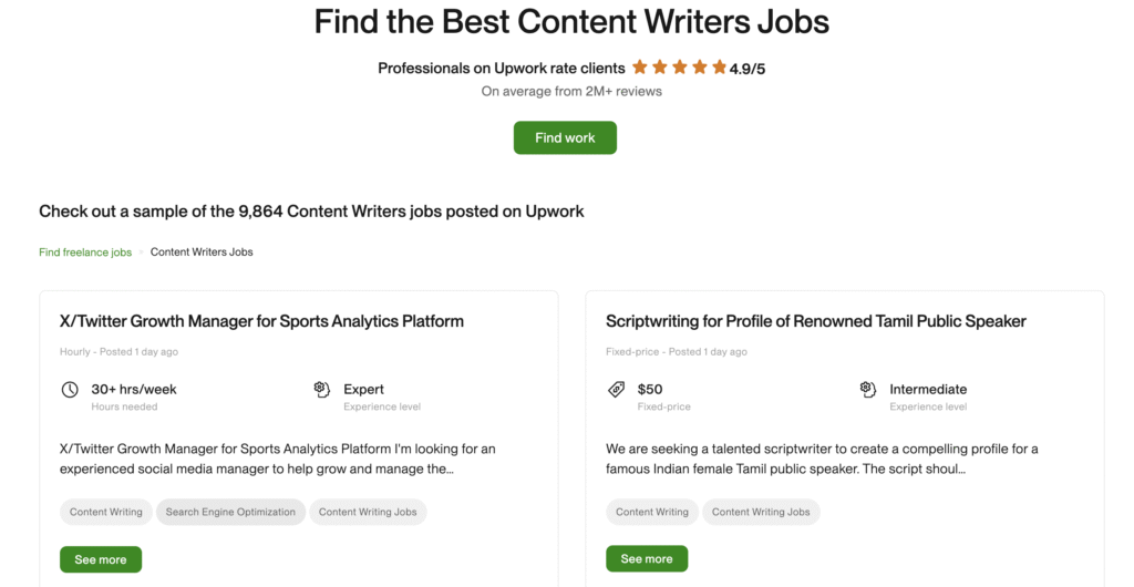 Una página web que muestra ofertas de trabajo de redacción de contenidos en Upwork, con dos anuncios de empleo con descripciones y niveles de experiencia.