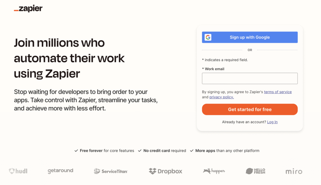 Imagen promocional de Zapier que destaca los beneficios de la automatización con opciones para registrarse y logos de apps en la parte inferior.