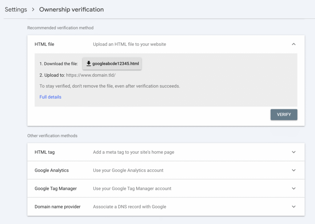 Panel de métodos de verificación de la propiedad de Google Search Console