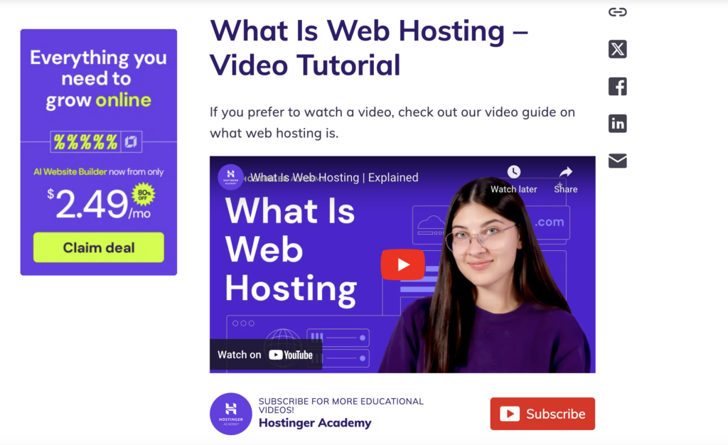 Ejemplo de un v&iacute;deo de YouTube insertado en una entrada de los tutoriales de Hostinger