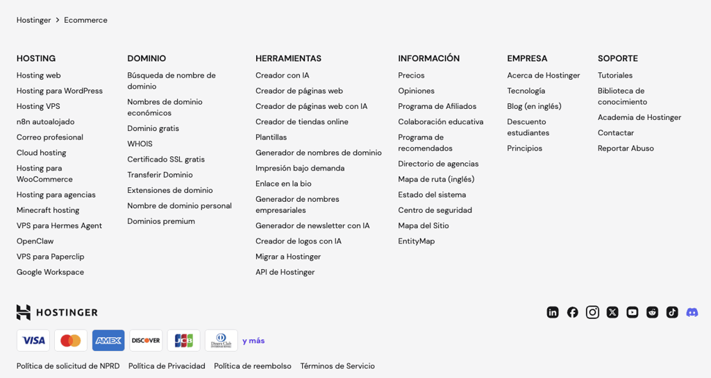Pie de p&aacute;gina de la p&aacute;gina de inicio de Hostinger
