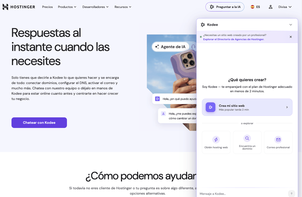 P&aacute;gina de asistencia de Hostinger