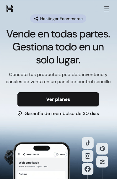 Captura de pantalla desde el m&oacute;vil de la p&aacute;gina de inicio de Hostinger