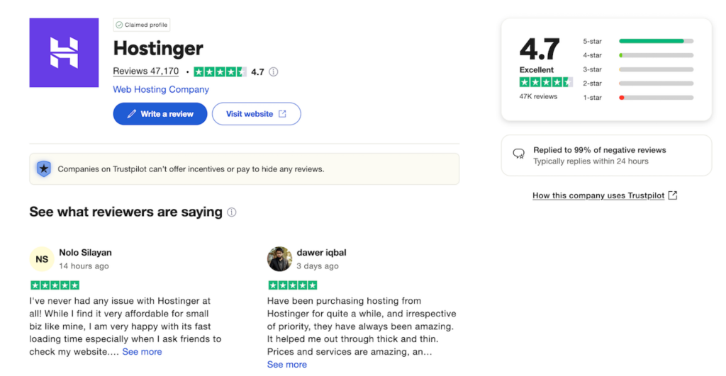 Página de reseñas de Hostinger en Trustpilot