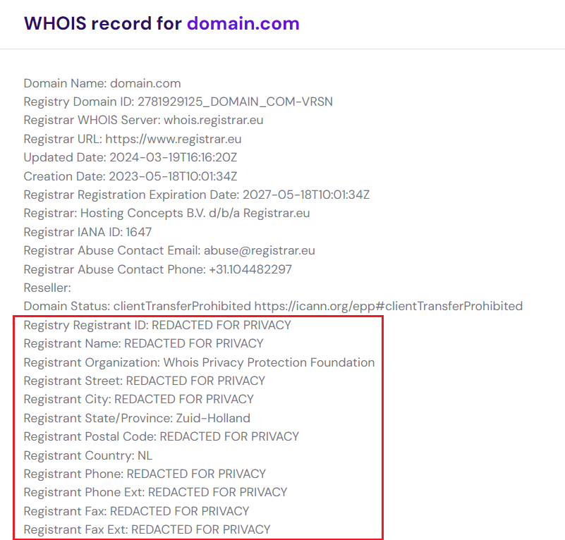 Registro WHOIS con los datos personales ocultos