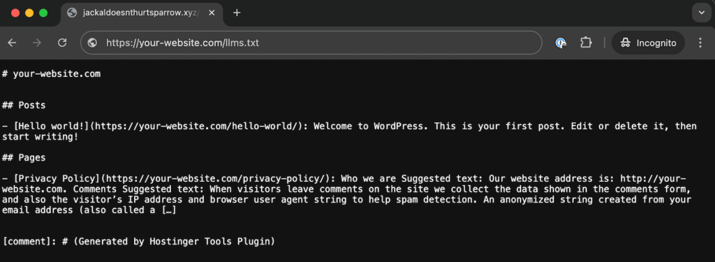 Archivo llms.txt de un sitio web abierto en un navegador web