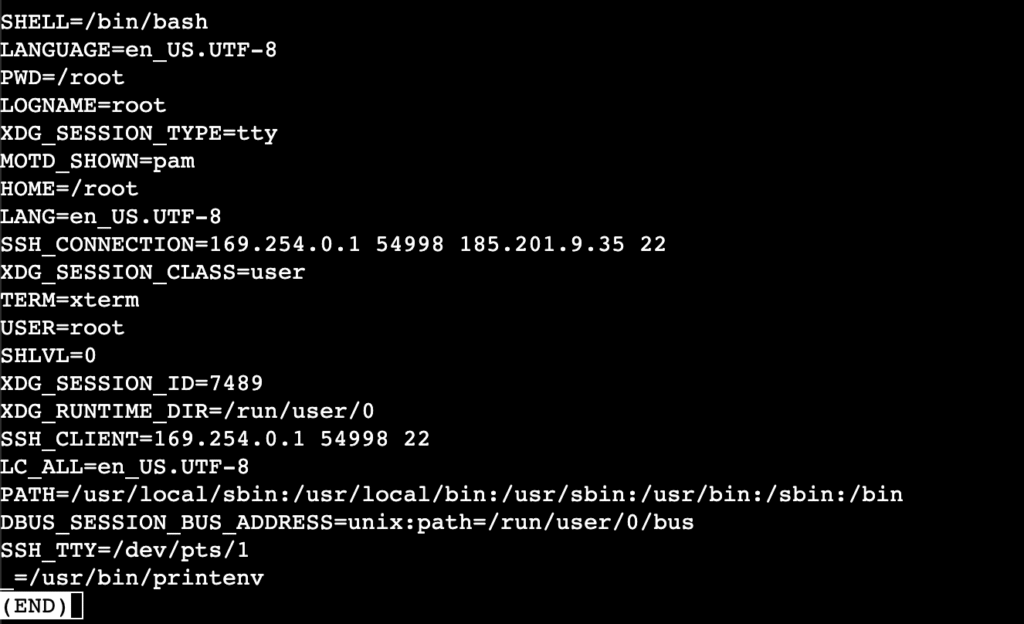 El terminal muestra una lista simplificada de las variables de entorno del shell