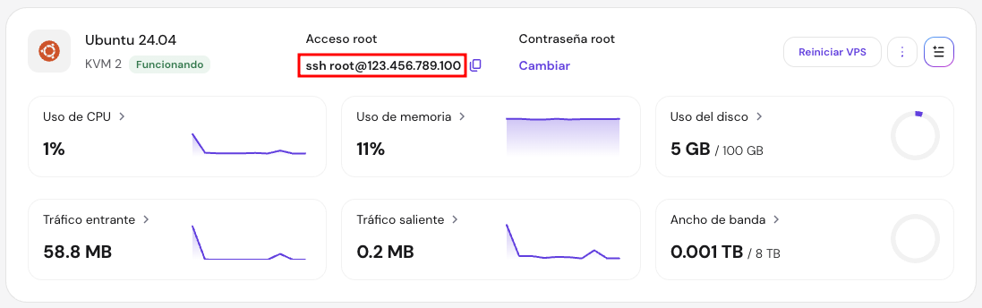 Información del sistema operativo en el menú de resumen del VPS en hPanel