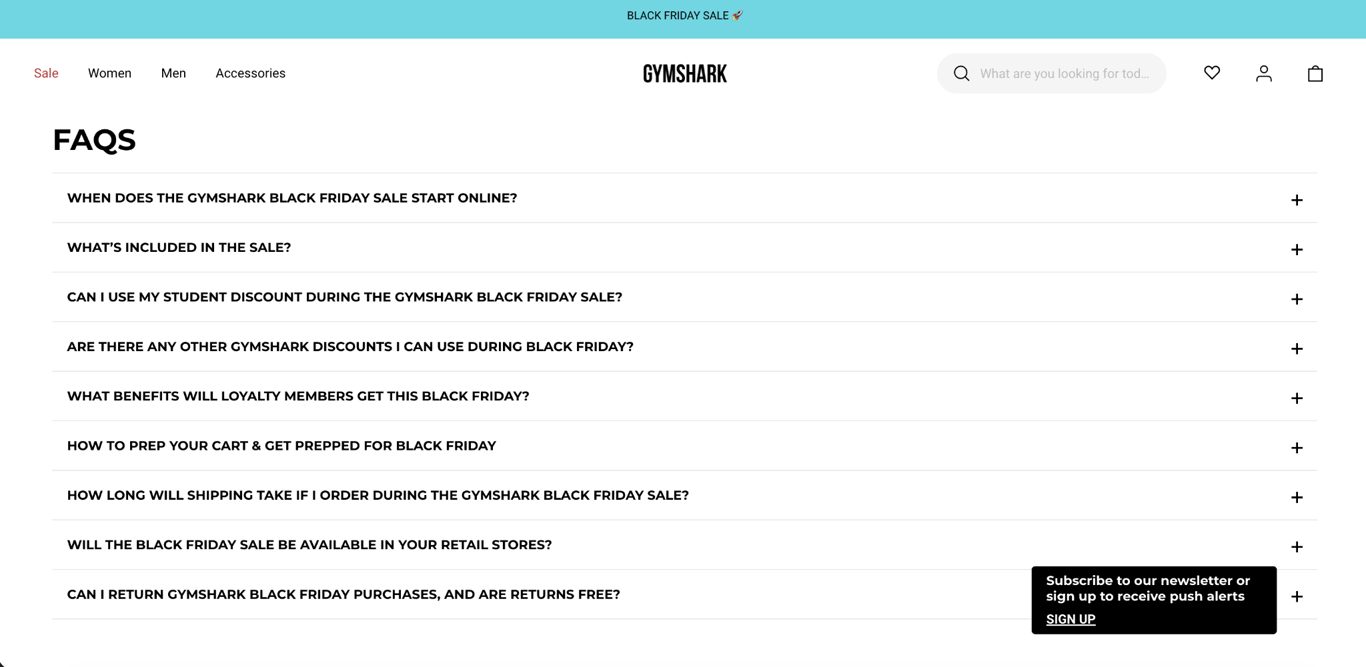 Preguntas frecuentes de la landing page de Gymshark para Black Friday
