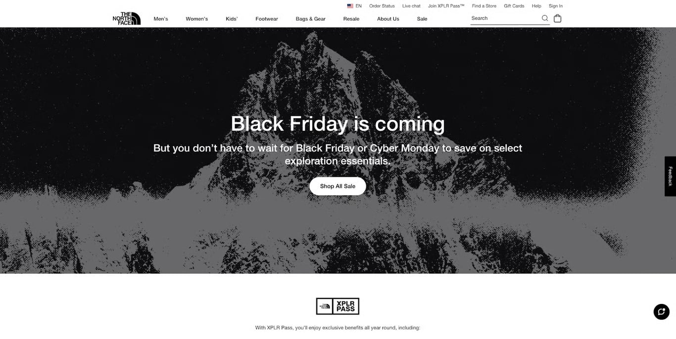 Landing page de The North Face para Black Friday