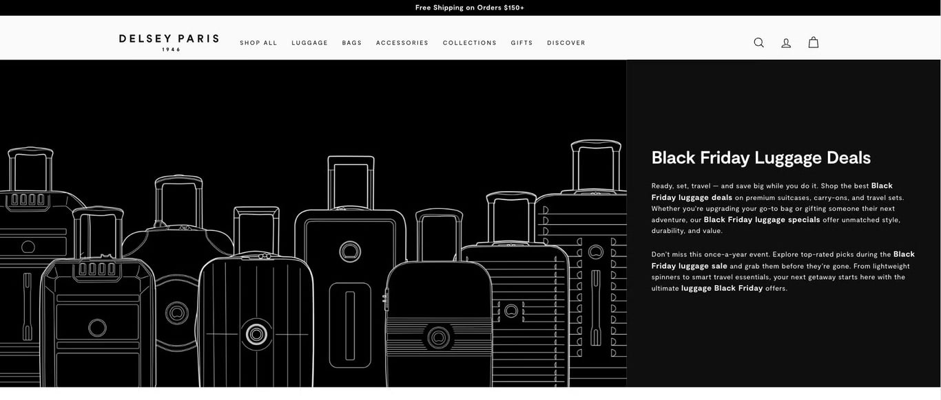 Landing page de Delsey para Black Friday