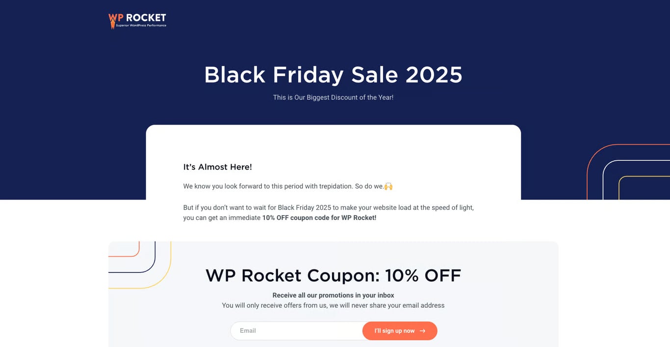 Landing page de WP Rocket para Black Friday