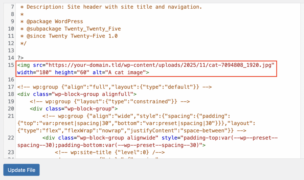 Etiqueta img completa con los atributos src, width, height y alt resaltados en el editor