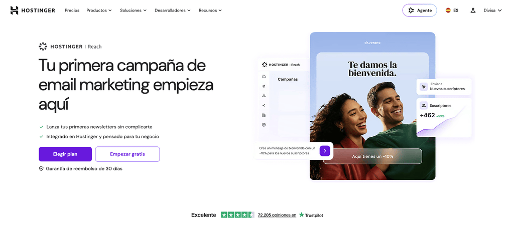 P&aacute;gina de destino de Hostinger Reach