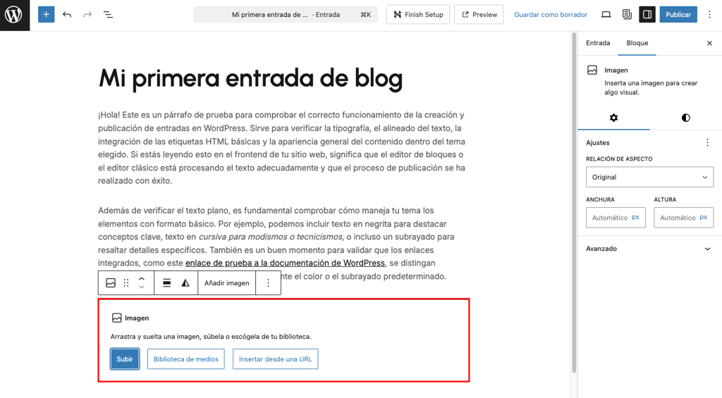 Bloque de imagen en el editor de entradas de WordPress