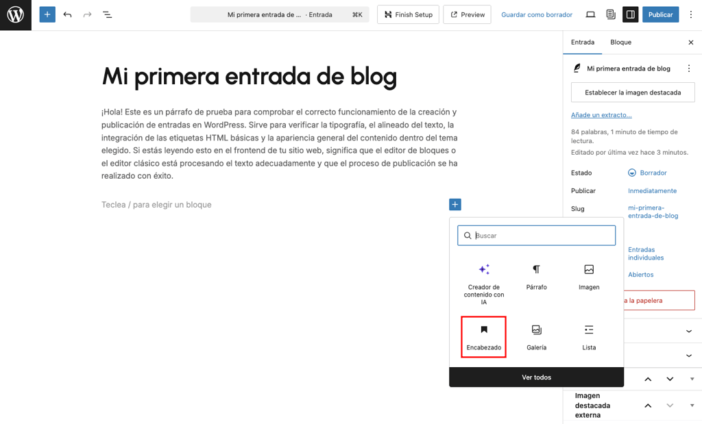 Bloque de encabezado en el editor de entradas de WordPress