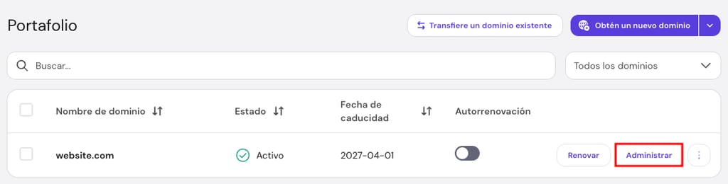 Página Portafolio de dominios de hPanel con el botón Administrar resaltado