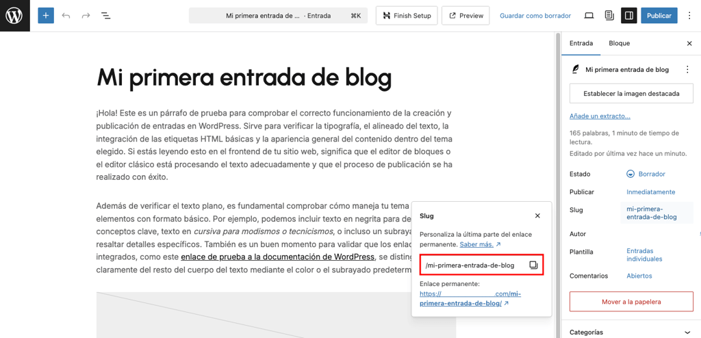 Campo Slug del panel Ajustes de una entrada de WordPress
